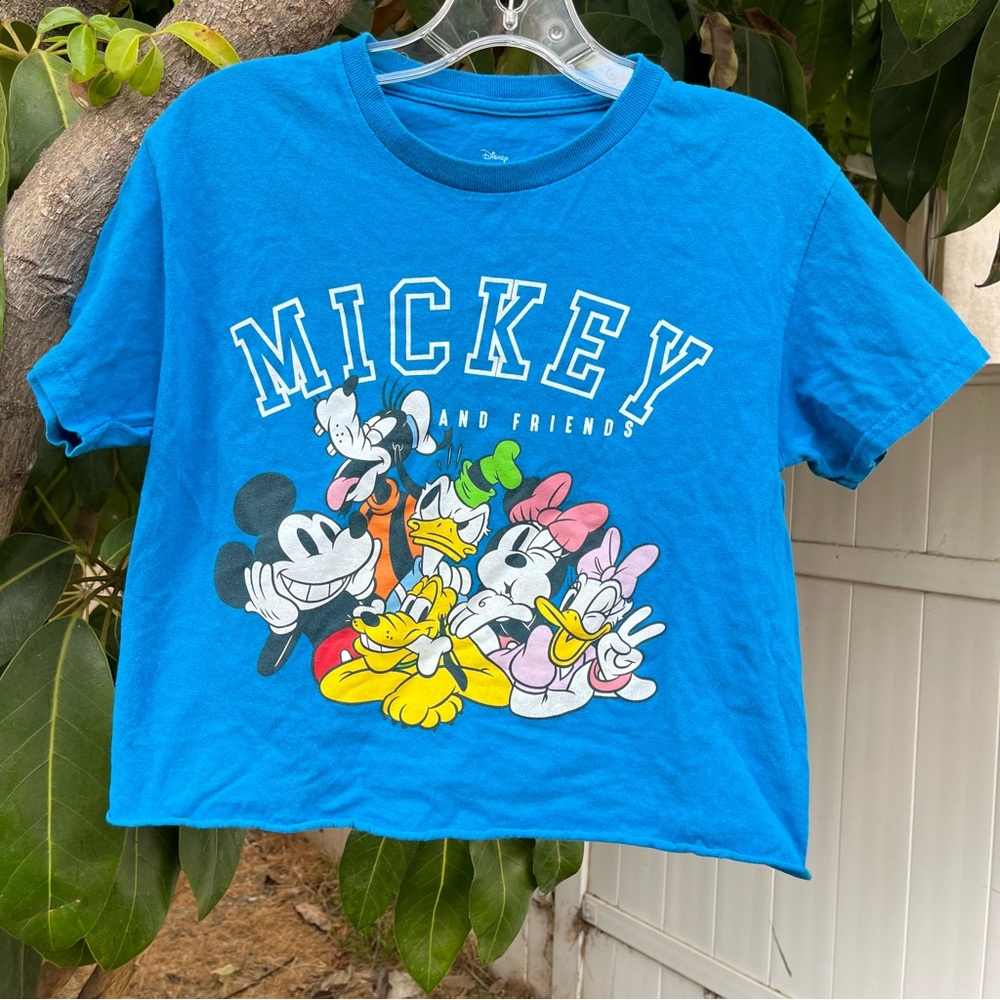 Disney Mickey Mouse & Friends blue graphic crop top t-shirt.